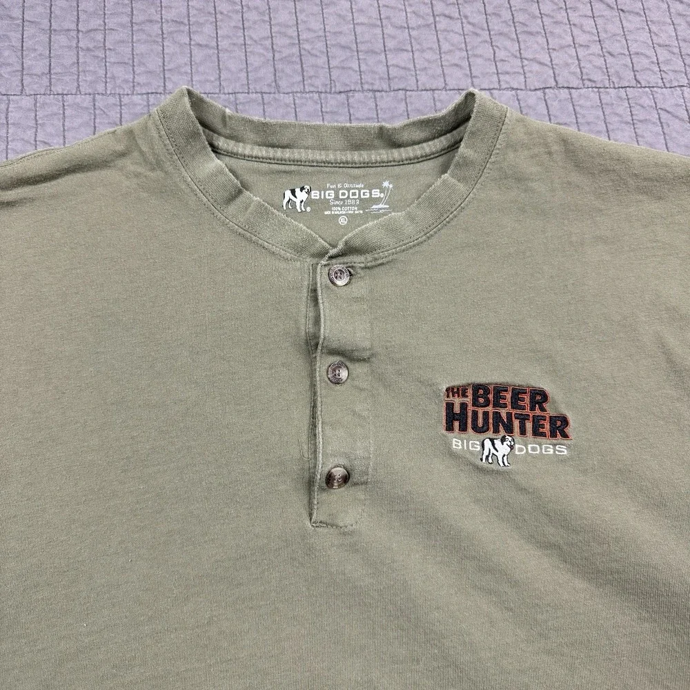 Y2K Big Dogs T Shirt Men XL Green‎ Henley The Beer Hunter Embroidered Logo - Picture 2 of 9